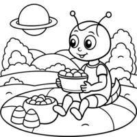cartoon style alien having a picnic on mars, illustration line art vector