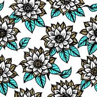 william morris style flower design, seamless pattern turquoise and dark brown with golden outlines vector