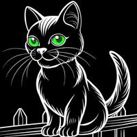 a 3d render of a playful and curious black cat with green eyes the cat is sitting on a wooden fence vector