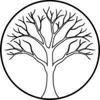 one old bend tree without leaves, thick branch circular outline, minimalistic, black and white, vector