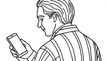 back half profile a man is looking at the phone screen, illustration line art vector