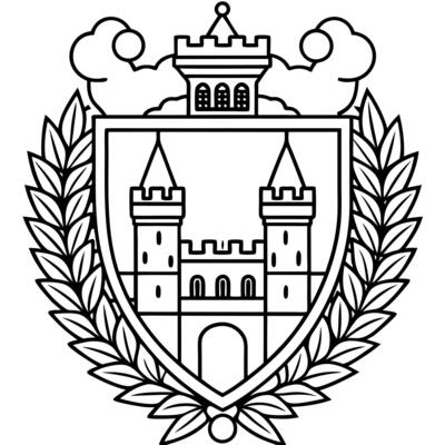 stylised coat of arms of a german brewery depicting a castle, illustration line art