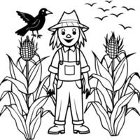 a cheerful scarecrow standing in a field of tall corn, with crows perched nearby, bold and easy for vector