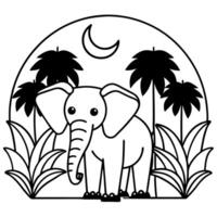 a bold elephant with prominent tusks and large ears, there are available banana trees, holding a vector