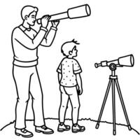 father and child stand on land looking to sky from telescope stand on land full-bodied, vector