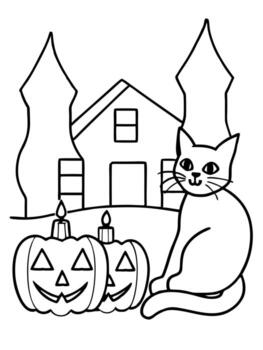 a black cat sitting next to a row of carved pumpkins with candles inside, in front of a haunted vector