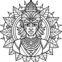 a detailed black and white line drawing of a character surrounded by a mandala pattern the vector