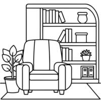 this is for a colouring book page, cozy living room with arm chair and a book shelf, the image vector