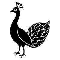 make a peacock silhouette art illustration design, pure black color, on a white background, vector