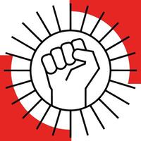 1 may happy labour day label with strong protest fist isolated on red background with rays vector