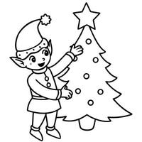 design a cheerful elf putting a star on top of a christmas tree, illustration line art vector