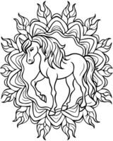 depict a horse surrounded by swirling mandala patterns, white background, illustration line vector