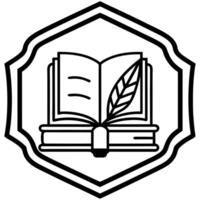 antique book club badge a stack of old books with a quill and inkpot, illustration line art vector