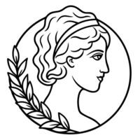 logo from the lines of the ancient greek muse clio in profile with olive branch in her hair, vector