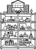a cross-section view of an office building in the building there are different departments on each vector