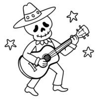 a skeleton playing a guitar at a halloween party, illustration line art vector