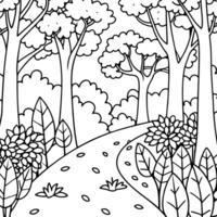 a french forest path with leaves lying on the path and trees on the left side, white background, vector