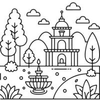 cartoon, royal garden party - a royal garden with fountains, flowers, and a picnic setup, vector
