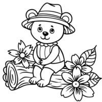 oso bebe sentado en un tronco con fallase y flores, illustration line art vector