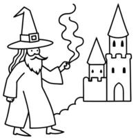 wizard walking into the castle smoking a joint, illustration line art vector