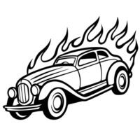 a hot rod burning on fire of different colors with dark background, illustration line art vector