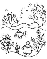 a coloring page of an reefscuba diving with no color just black lines, illustration line art vector
