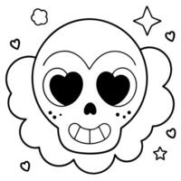kawaii grinning skull with extra big shiny eyes and hearts, stars and clouds around, vector