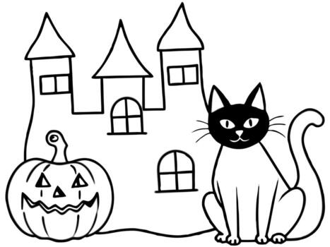 a black cat sitting next to a row of carved pumpkins with candles inside, in front of a haunted vector