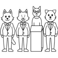a group of cartoon cats and dogs, dressed in suits and ties, stand behind a row of voting booths, vector