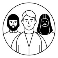 veterans of star wars, three men, one man has fat face, second man has head with very luxuriant vector