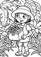 dora the explorer with pandora box in the jungle, illustration line art vector
