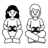 2 seated characters playing games on white background, illustration line art vector