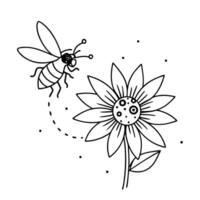 a bee is extracting honey from a passiflora passion flower flower, illustration line art vector