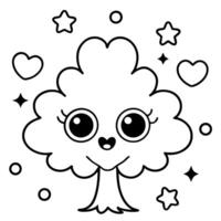 kawaii demonic tree with extra big shiny eyes and hearts, stars and clouds around, vector