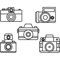 a series of different cameras from various eras, from a wooden box camera to a modern dslr, vector