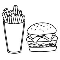 a delicious bacon burger with a side of fries, painted in watercolor, next to a chilled glass, vector