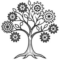 steampunk-inspired tree of life with mechanical leaves and cog roots, illustration line art vector