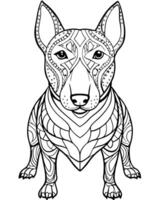 an intricate line art illustration of a bull terrier filled with detailed patterns and geometric vector