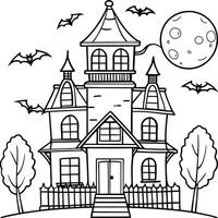 a simple black and white coloring page featuring a spooky, old mansion with crooked windows and a vector