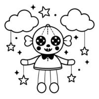 kawaii cursed marionette with extra big shiny eyes and hearts, stars and clouds around, vector