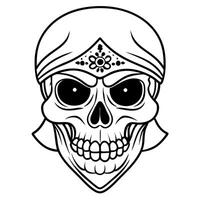 black and white illustration of a skull wearing a bandana the skull is , with deep eye sockets, vector
