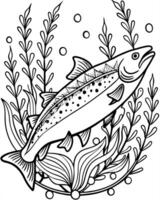 a atlantic salmon swiming background have water plants and water details, illustration line vector