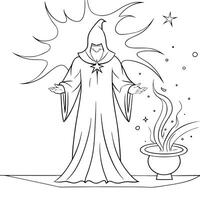 A wizard with a pot of magic and a wand coloring page vector
