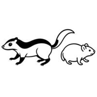 A black and white drawing of a skunk and a mouse vector