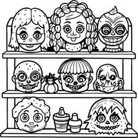 A black and white coloring page with a shelf full of scary dolls vector