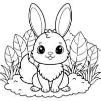 A bunny coloring page with grass and leaves vector