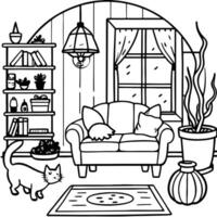 A living room with a cat and bookshelf vector