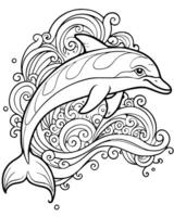 a joyful dolphin leaping through waves, with its body covered in swirling mandala patterns, white vector