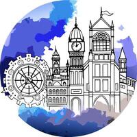 A blue and white drawing of a building with a clock vector