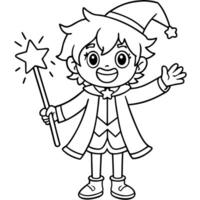 A coloring page with a cartoon wizard holding a wand vector